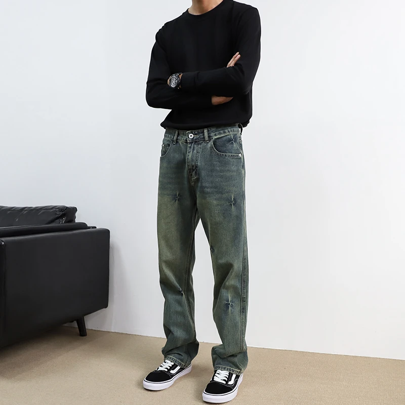 美式高街复古水洗牛仔裤男款水洗蓝色宽松阔腿直筒裤vibe风男裤潮