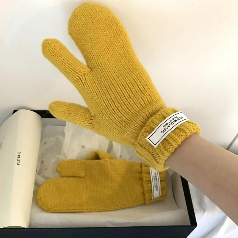 秋冬季ins纯色保暖情侣男女学生内并3指毛线针织薄款骑行手套