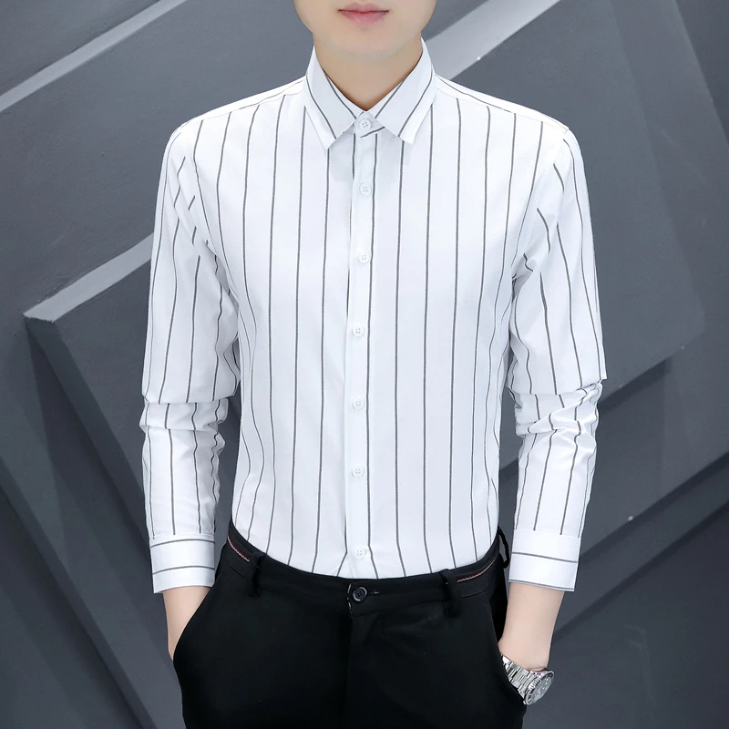 衬衫男士商务长袖休闲修身条纹春秋时尚潮流百搭职业帅气韩版衬衣