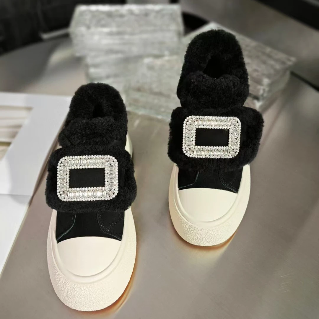 【TT专属】方扣2024冬季新款水钻毛毛鞋保暖羊毛加绒棉鞋厚底休闲鞋