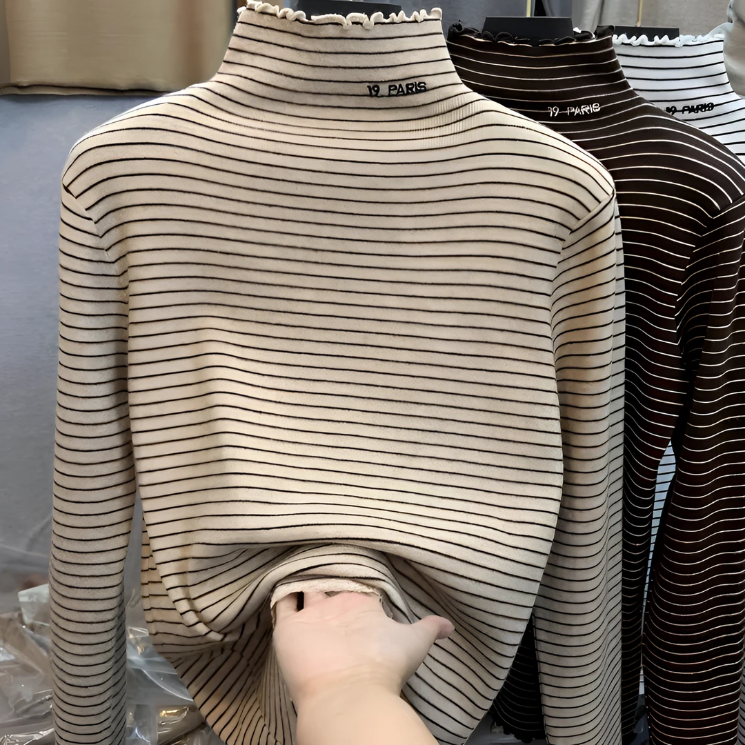 加厚德绒打底衫女2024秋冬内搭洋气长袖t恤半高领条纹超好看上衣