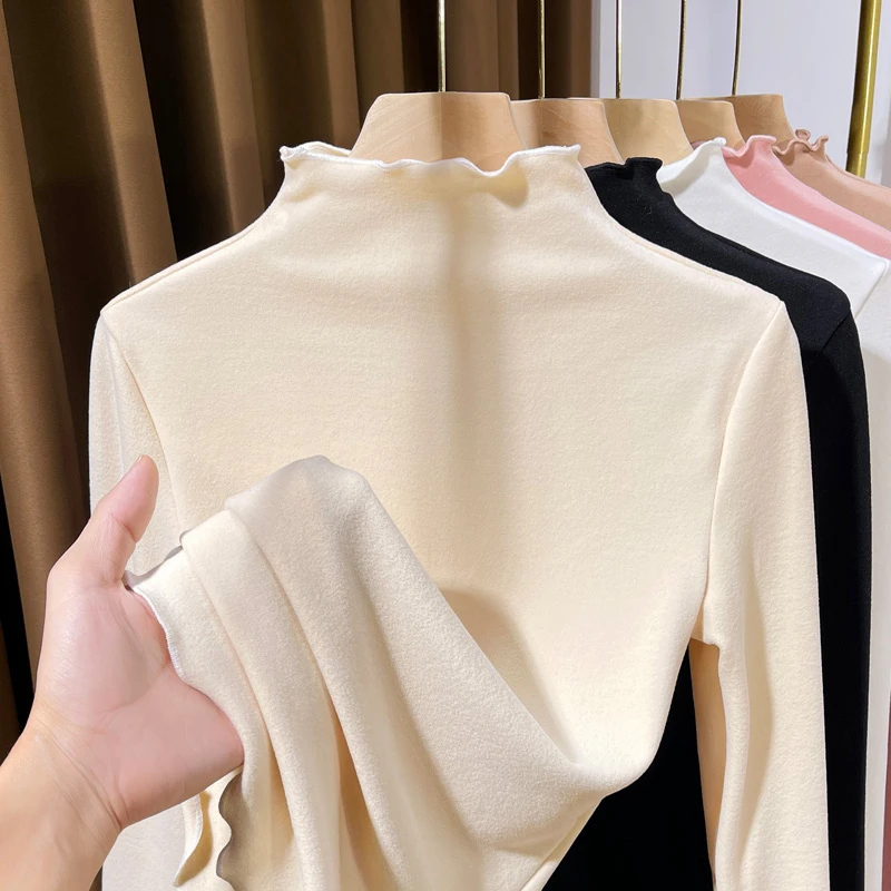 半高领磨毛加厚打底衫女内搭秋冬高级感2024新款洋气木耳边上衣女