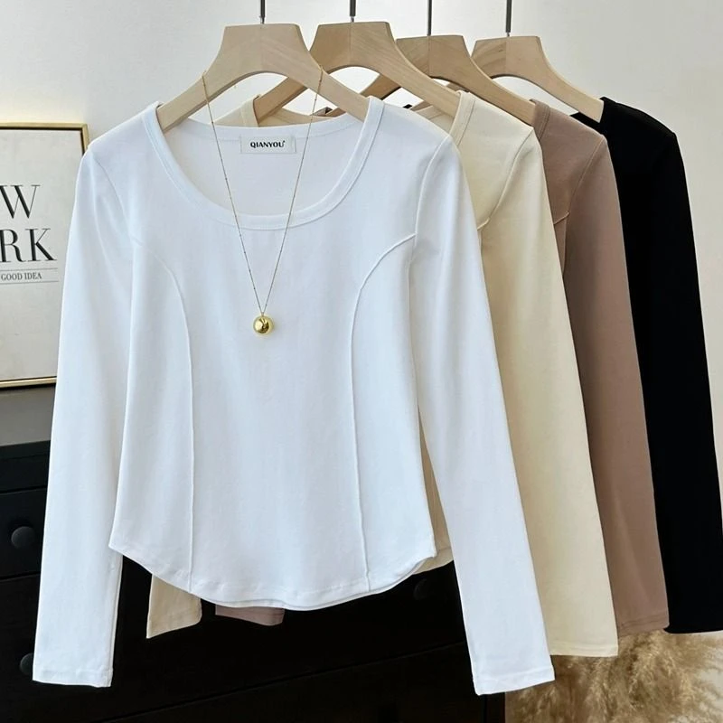 网红爆款t恤秋冬磨毛加厚小众鱼骨设计感弧形下摆长袖打底衫女潮