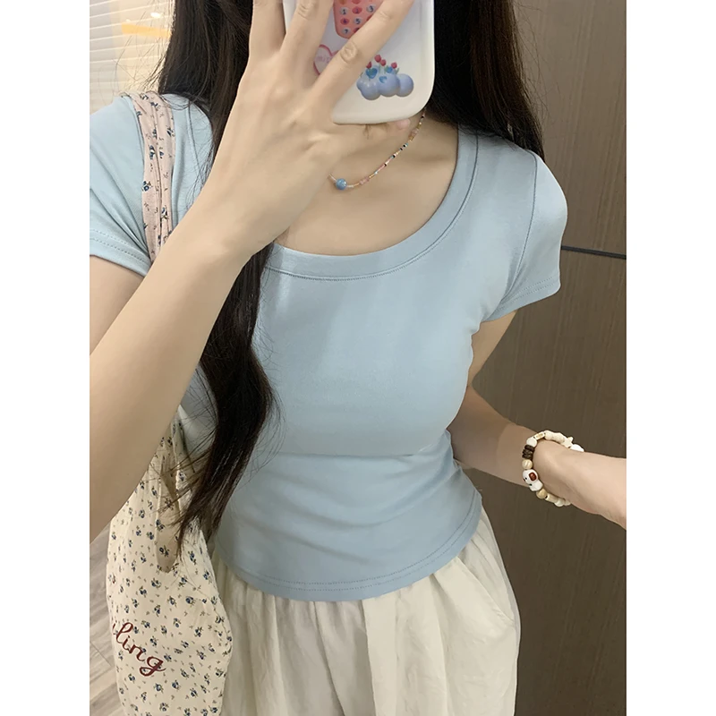 夏季多巴胺正肩U领露锁骨短袖T恤女甜辣妹修身独特漂亮减龄款上衣