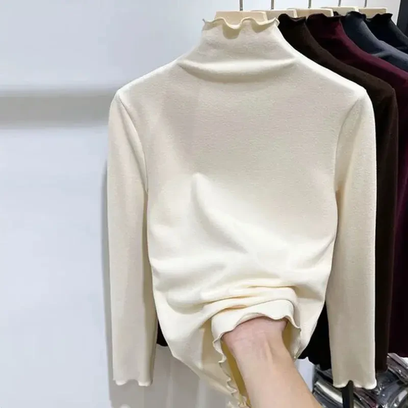 木耳边长袖T恤德绒洋气半高领磨毛打底衫内搭磨毛秋冬设计感上衣