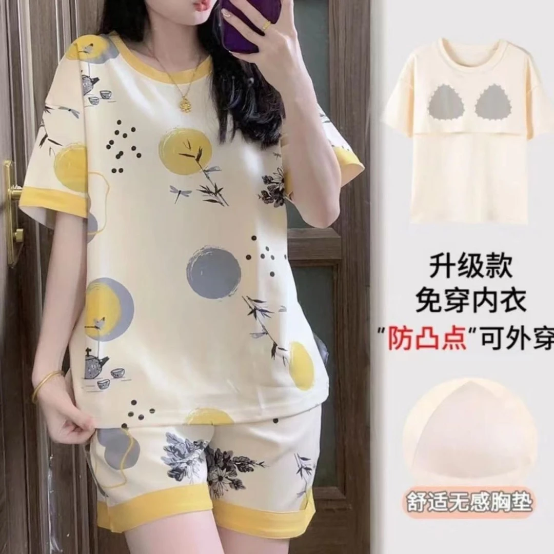 夏季新款纯棉睡衣自带胸垫水墨画短袖短裤家居服套装