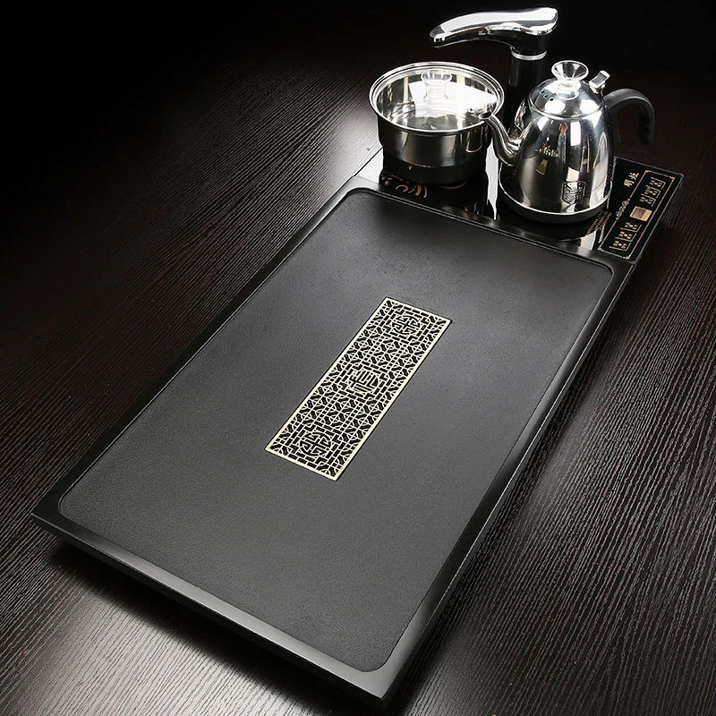 整块石头乌金石茶盘茶托家用排水长方形茶台简约全自动烧水泡茶