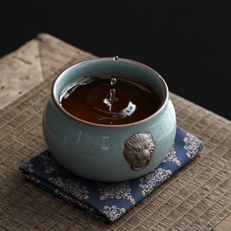 直播 陶瓷哥窑茶杯家用主人杯杯可养开片品茗杯大号瑞兽杯中式