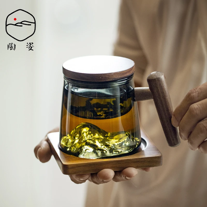 陶姿天青色观山玻璃杯泡茶水杯 茶水分离办公室 男女个人茶道杯