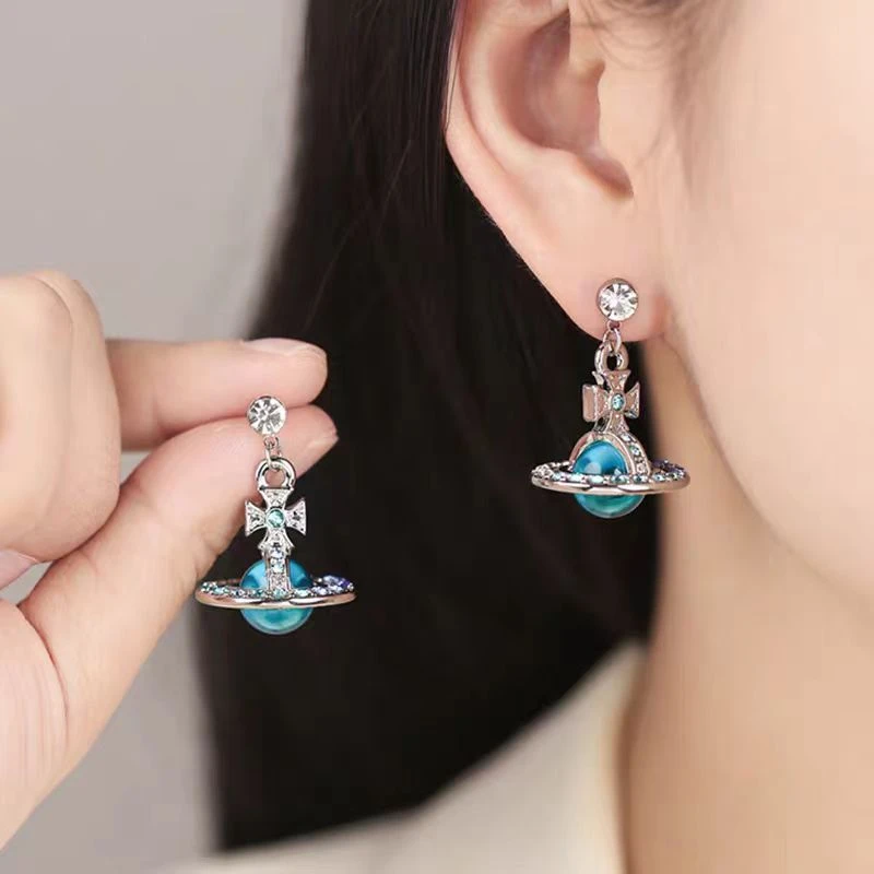 铜合金耳饰 021不沉溺  蓝星球宇宙土星满钻耳环土星耳钉