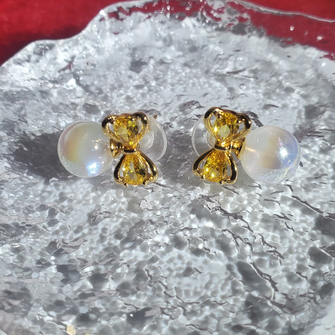 铜合金耳饰 036在逃公主~珠珠水晶蝴蝶结耳钉