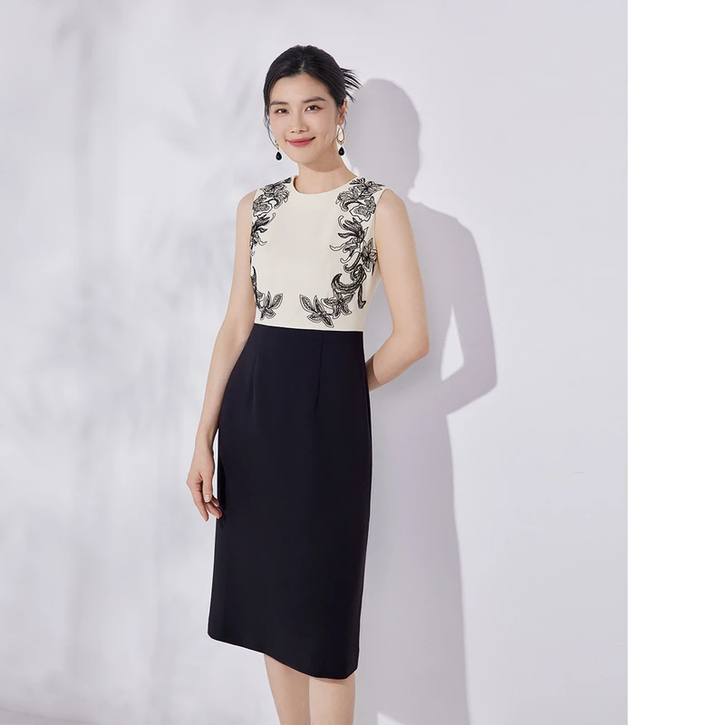 【晨粉专享价】【贵气通勤】粉蓝衣橱东方刺绣礼服裙黑白连衣裙5A1L