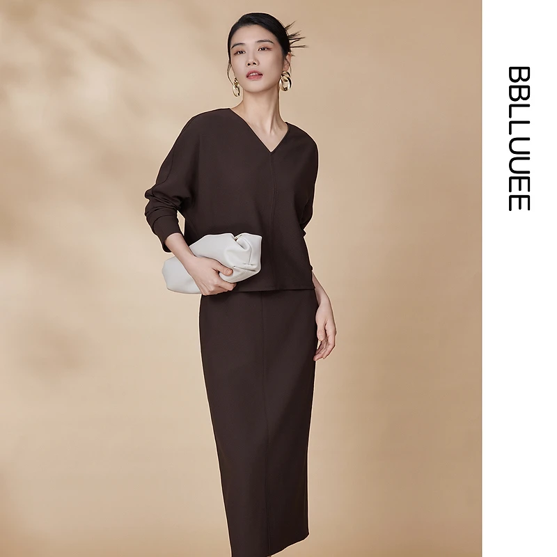 【晨粉专享价】【美拉德针织套装】粉蓝衣橱2024秋立裁V领连肩袖