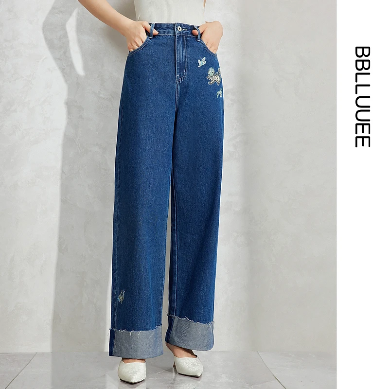 【晨粉专享价】BBLLUUEE/粉蓝衣橱麒麟绣花直筒裤女新款国