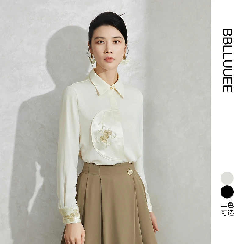 【晨粉专享价】【国风缎面衬衫】BBLLUUEE/粉蓝衣橱2025秋装新款拼