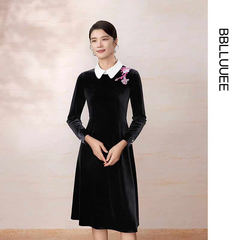 【晨粉专享价】粉蓝衣橱25冬装新款优雅轻奢复古撞色翻领贴花光感丝