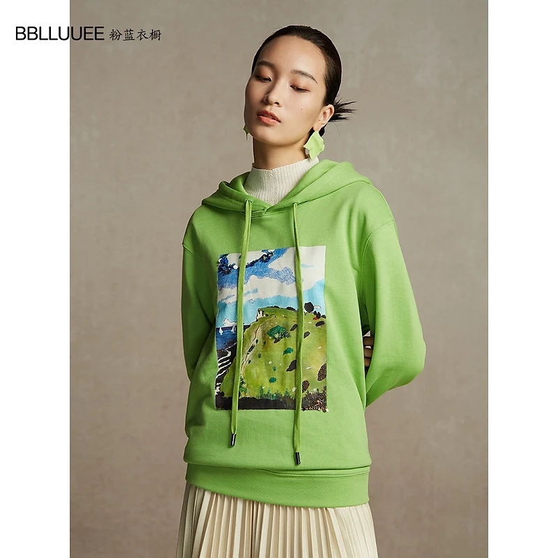【晨粉专享价】BBLLUUEE粉蓝衣橱时尚文艺印花连帽卫衣女秋冬装宽