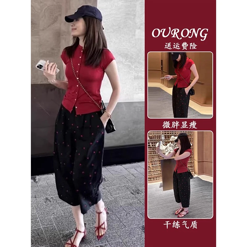 夏季穿搭一整套两件套小个子气质红色上衣裤子炸街减龄时尚套装女