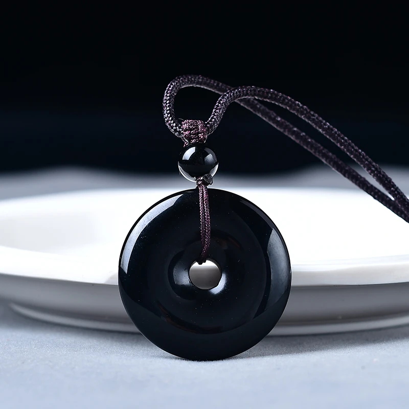 天然黑曜石平安扣吊坠彩虹眼黑耀石钥匙扣挂件黑色饰品项链男女