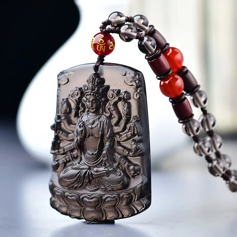 黑曜石本命佛吊坠千手观音文殊男女属牛虎属兔项链情侣民族风挂件
