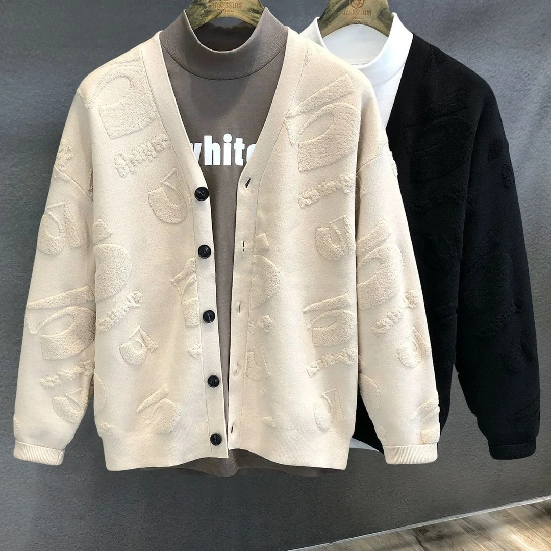 植绒提花高品质休闲潮流针织衫v领开衫男士春秋季毛衣百搭外套男