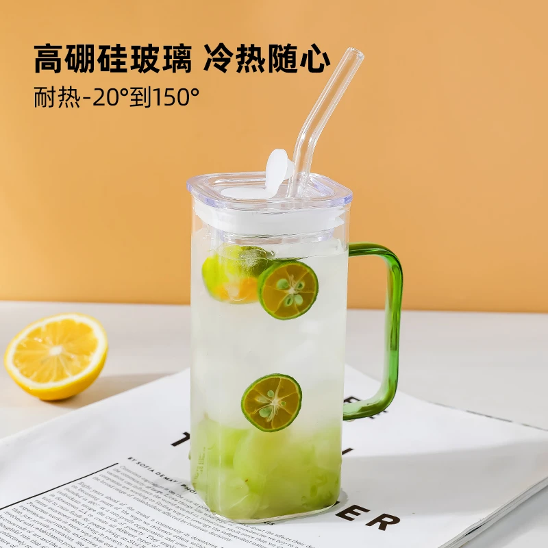 【微波炉专用】耐热透明方形彩把高硼硅玻璃杯可玻璃杯子耐高温防爆