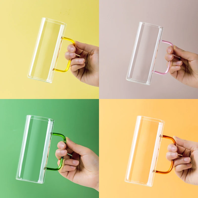 微波专用高硼硅简约彩把方形玻璃杯高颜值家用玻璃杯子耐高温防爆