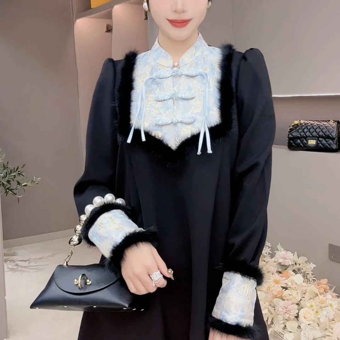 3371-2 秋冬高端轻奢名媛复古风新中式国风盘扣显瘦气质连衣裙