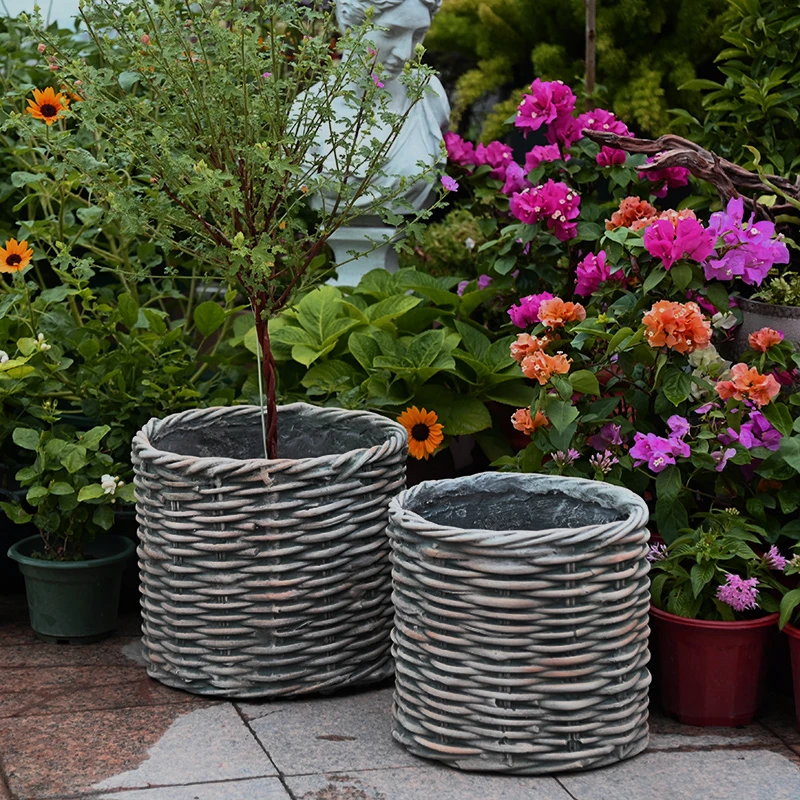 花园先生藤编花盆圆形大号庭院装饰花园绿植盆栽盆器花器阳台布置