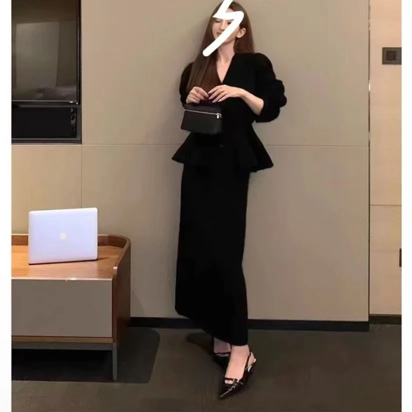 法式气质套装v领开衫外套+半身裙两件套