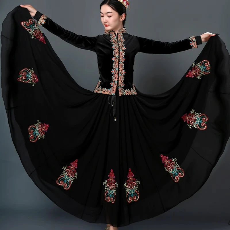 新疆舞蹈服装540度大裙摆民族风绣花半身裙维族广场舞台蹈表演服