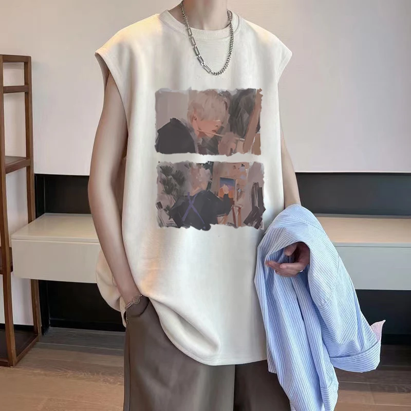 100%纯棉短袖t恤男夏季2024新款美式宽松无袖背心运动高街ins坎肩