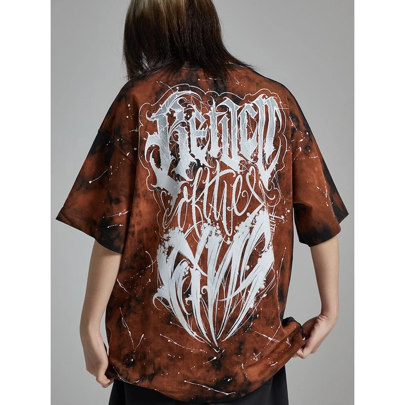 LWA奇卡诺扎染花体字宽松短袖夏季小圆领潮牌T恤纯棉重磅美式上衣