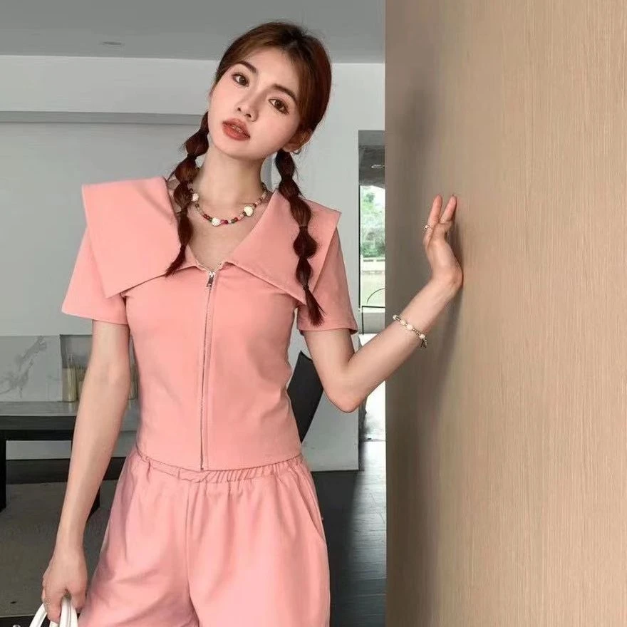 《雨桐精选7.5》翻领拉链上衣短裤套装-10650