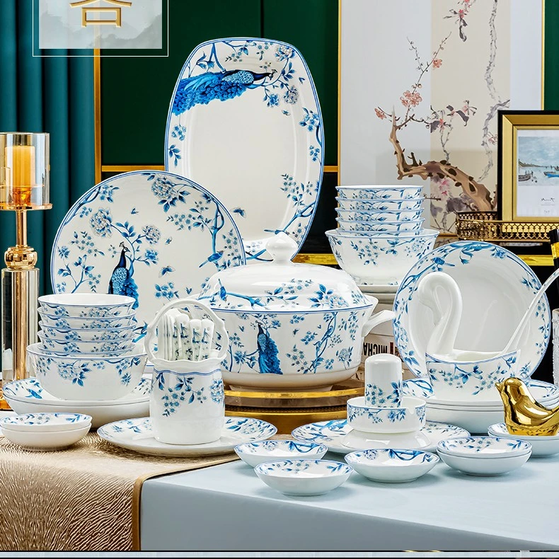 [青花餐具70件家用套装]景德镇高温骨质瓷餐具新中式家用饭碗盘