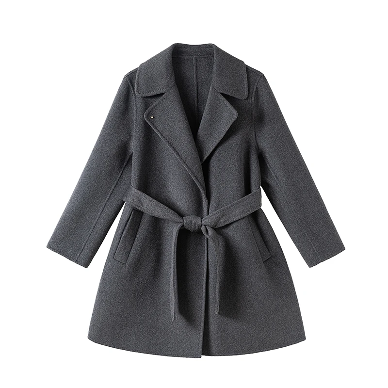 冬季新款翻领腰带女士羊毛大衣羊毛呢外套中长款双面呢大衣，长88