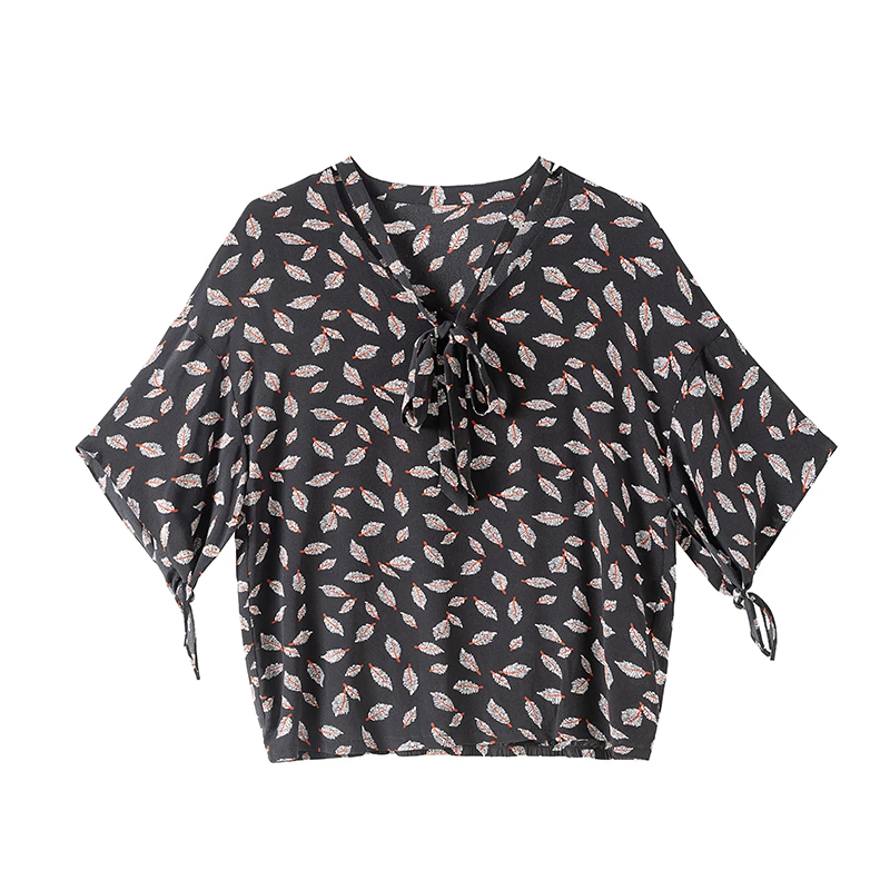 夏季真丝双绉宽松舒适桑蚕丝短袖上衣 时尚设计款印花小衫 衣长60