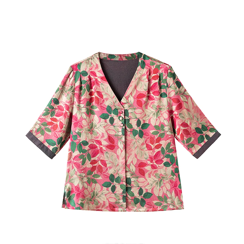 桑蚕丝新中式气质减龄真丝珍珠缎中袖上衣 国风优雅小衫  长60起