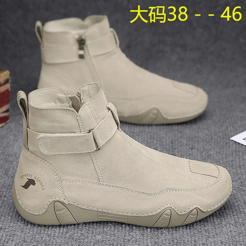 沙色马丁靴男秋冬款真皮防水高帮侧拉链工装靴大码45胖宽脚46软底