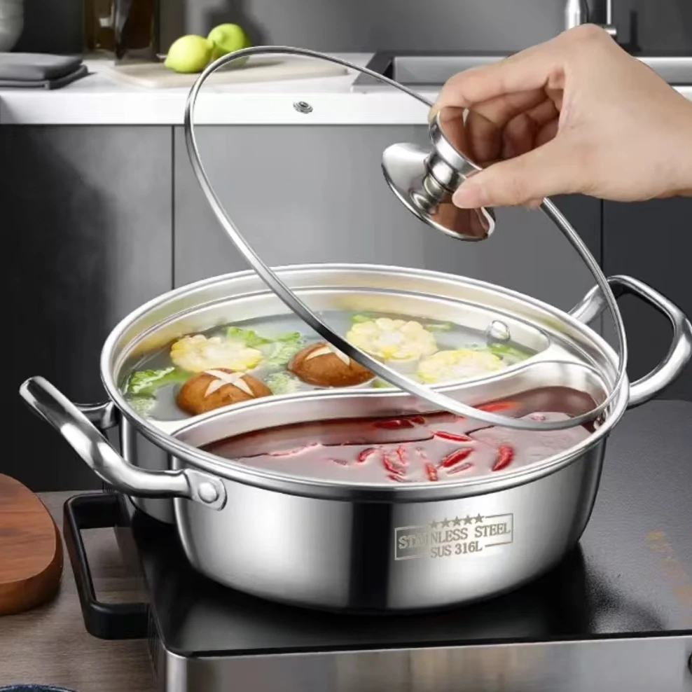 鸳鸯锅家用火锅316不锈钢火锅一体成形分隔加厚炉电通用涮汤锅