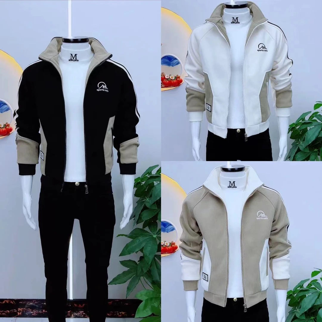 韩版立领潮牌男士加绒保暖帅气外套时尚大气拼色修身百搭冬季夹克