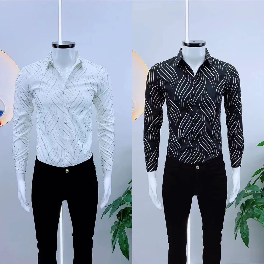 潮流男士新款衬衫时尚潮流波浪纹设计痞帅高级修身帅气男长袖衬衫