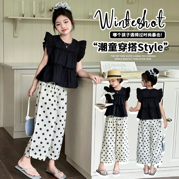 女童套装夏季薄款2024新款儿童洋气无袖上衣波点宽松九分阔腿裤潮