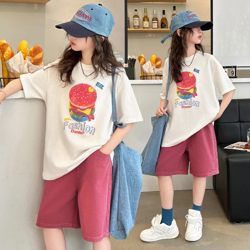 女童夏季2024新款套装中大童卡通汉堡T恤休闲洋气宽松中裤两件套