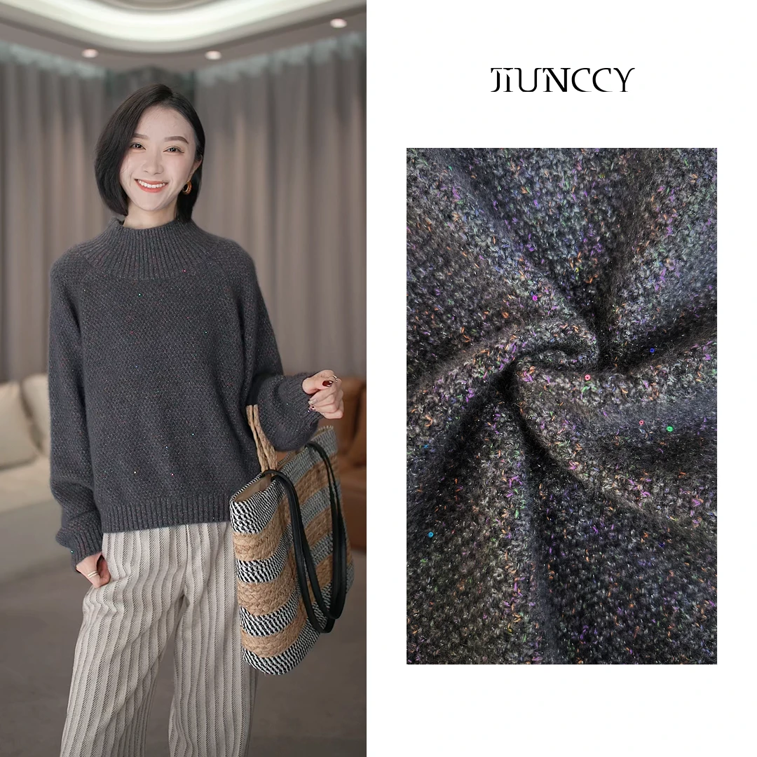 JIUNCCY【星夜】浣熊绒绵羊毛混纺嵌银丝珠片半高领针织毛衣42ZZ183