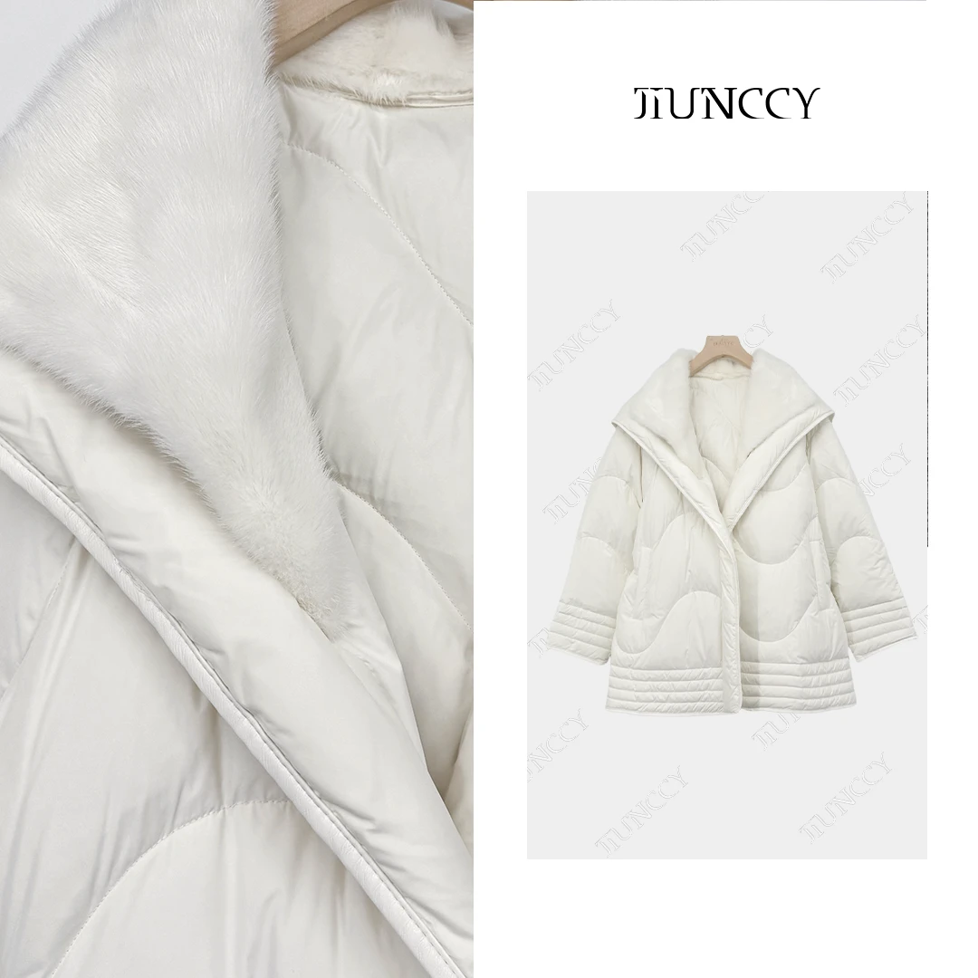 JIUNCCY【名流】高奢新国标90白鹅绒水貂毛领中长款鹅绒服 32YRF051