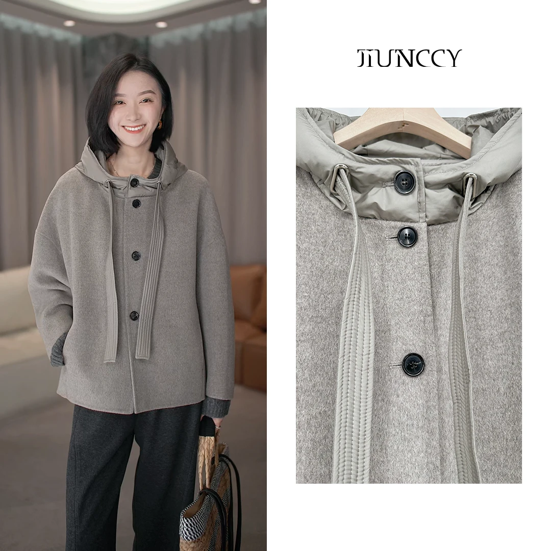 JIUNCCY【富士山】高支山羊绒羊毛拼鹅绒连帽双面呢短款大衣42DY042