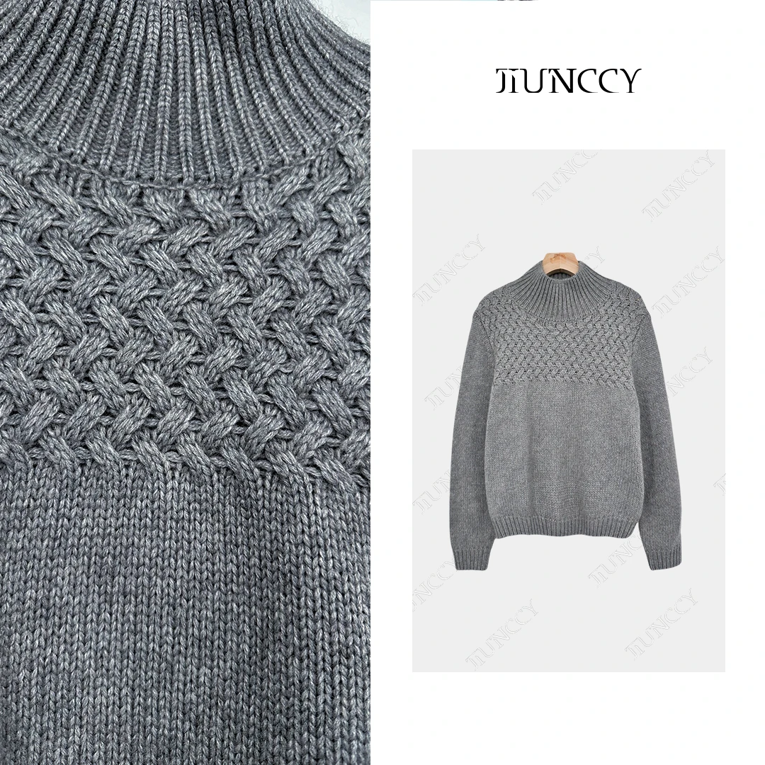 JIUNCCY【织锦】定制山羊绒绵羊毛拼接编制螺纹领口套头毛衣42ZZ220