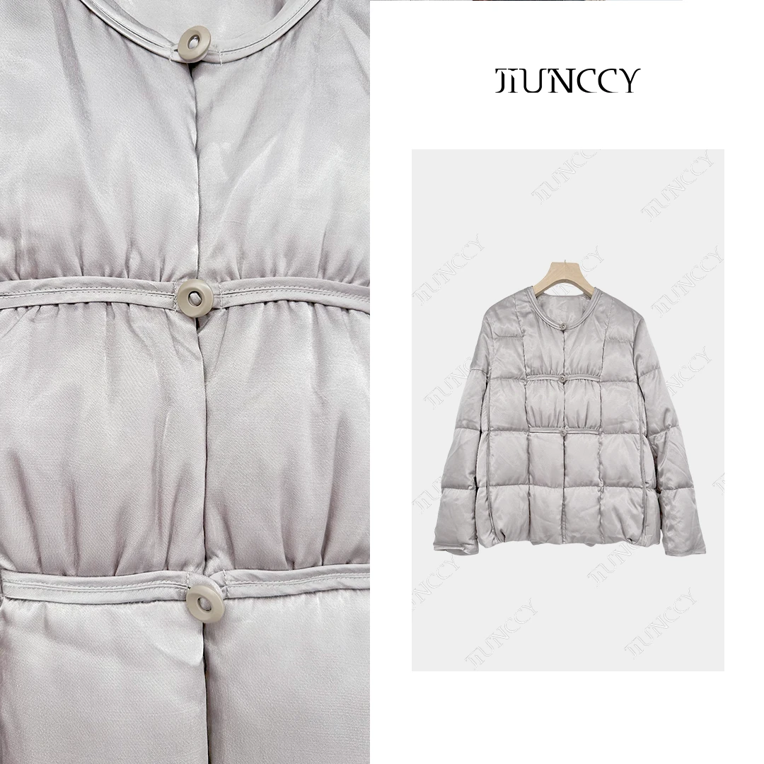 JIUNCCY【银河】高定铜氨丝方格压线一字扣短款90鹅绒服 42YRF045