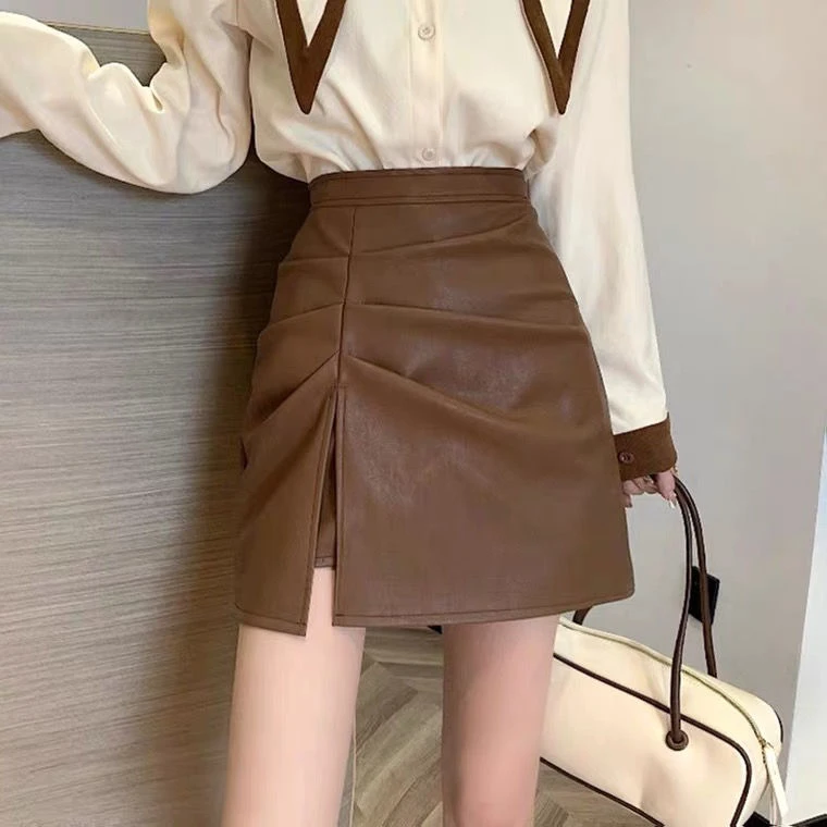 2022秋冬新款遮胯a字裙女开叉PU皮裙褶皱短裙高腰显瘦包臀半身裙